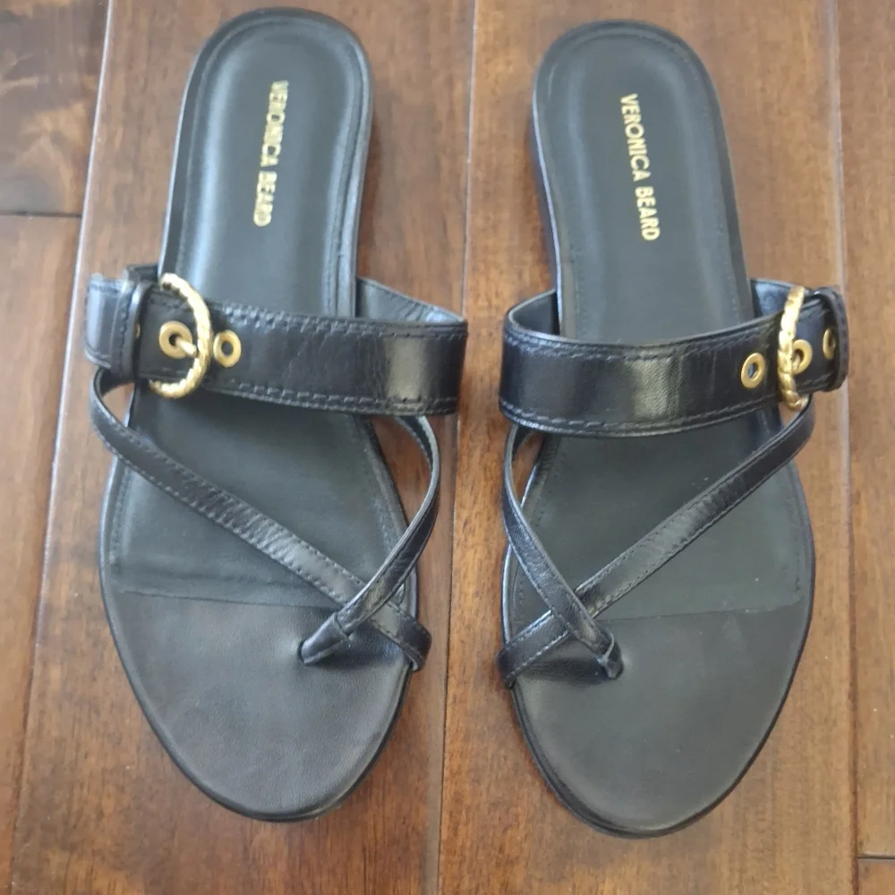 VERONICA BEARD Black Leather Slide Sandals with Gold Tone Buckle - Size 8.5 - Picture 3 of 9